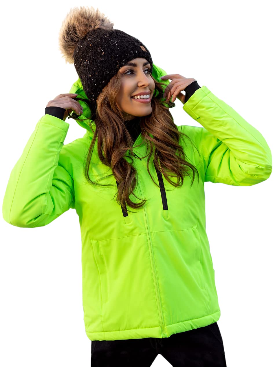 BOLF Damen Winterjacke Skijacke Snowboardjacke Schneejacke mit Kapuze Schneefang Bündchen Winddicht Wasserdicht Atmungsaktiv Outdoor Sport Style HH012 Grün-Neon M [D4D]