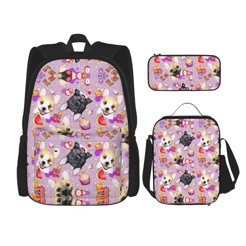 WURTON Schulrucksack-Set mit französischer kleiner Bulldogge, 3-in-1, Büchertaschen-Set mit Lunchbox, Federmäppchen, Reise-Laptop-Tagesrucksäcke, Schwarz , Einheitsgröße