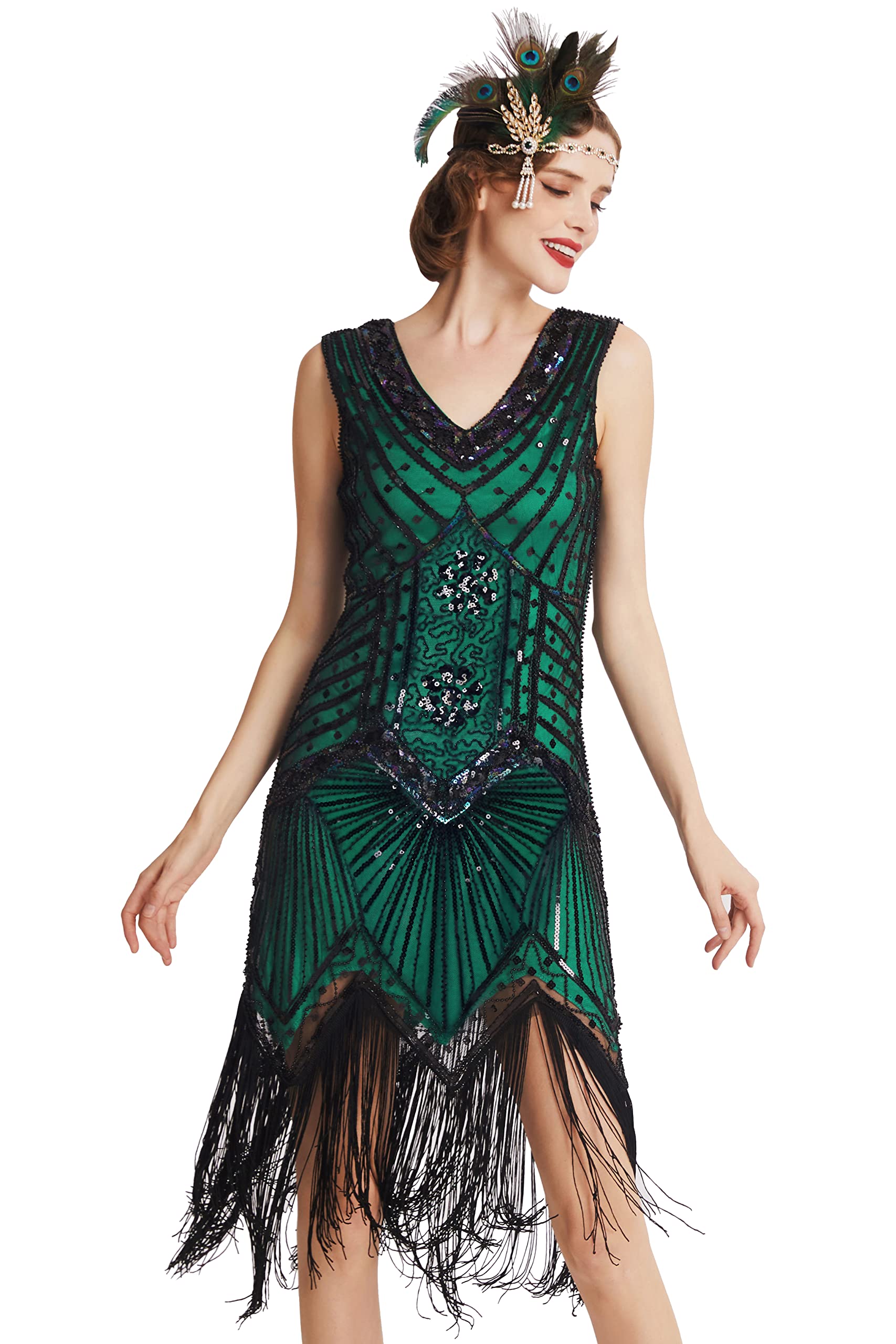 BABEYOND Damen Flapper Kleider voller Pailletten Retro 1920er Party Damen Kostüm Kleid Grün, L