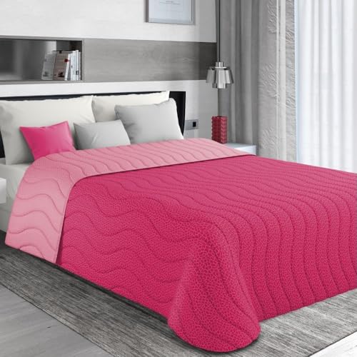 MAXIME MAISON - Tagesdecke 215x265 cm Fuchsia/Azalee Wendedesign, Tagesdecken Frühling/Sommer (100 gr/mq) Steppdecke Unterfüttert, Gesteppt, Weiche Mikrofaser, Made in Italy