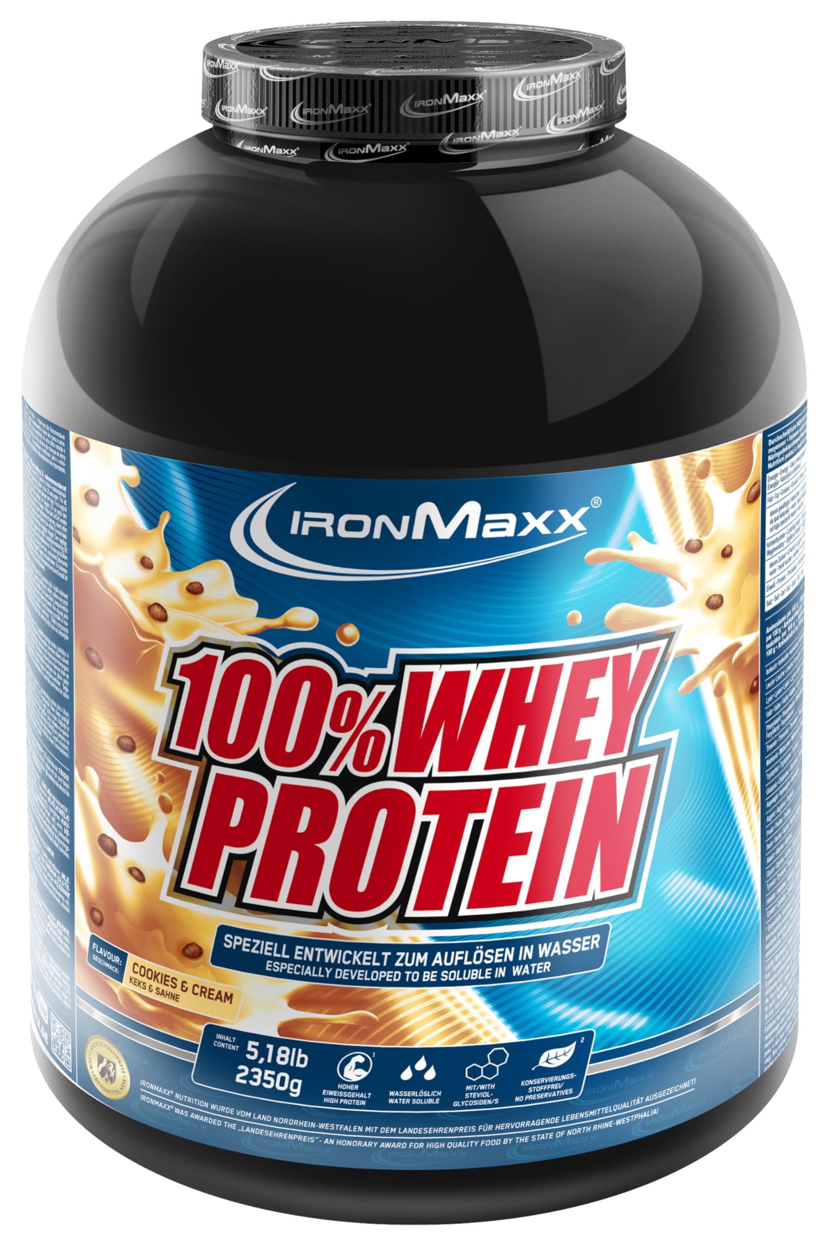 IronMaxx 100% Whey Protein Pulver - Cookies und Cream 2,35kg Dose | zuckerreduziertes, wasserlösliches Eiweißpulver aus Molkenprotein | viele verschiedene Geschmacksrichtungen