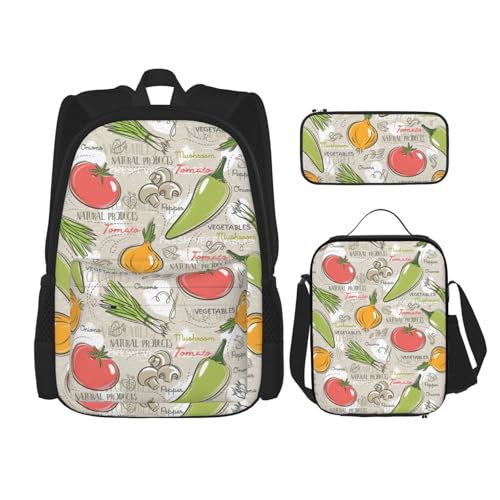 WURTON 3-in-1-Set mit Gemüse, Obstdruck, lässig, verstellbar, Schulter-Rucksack, Lunch-Tasche, Federmäppchen, Beutel, Schwarz, Einheitsgröße