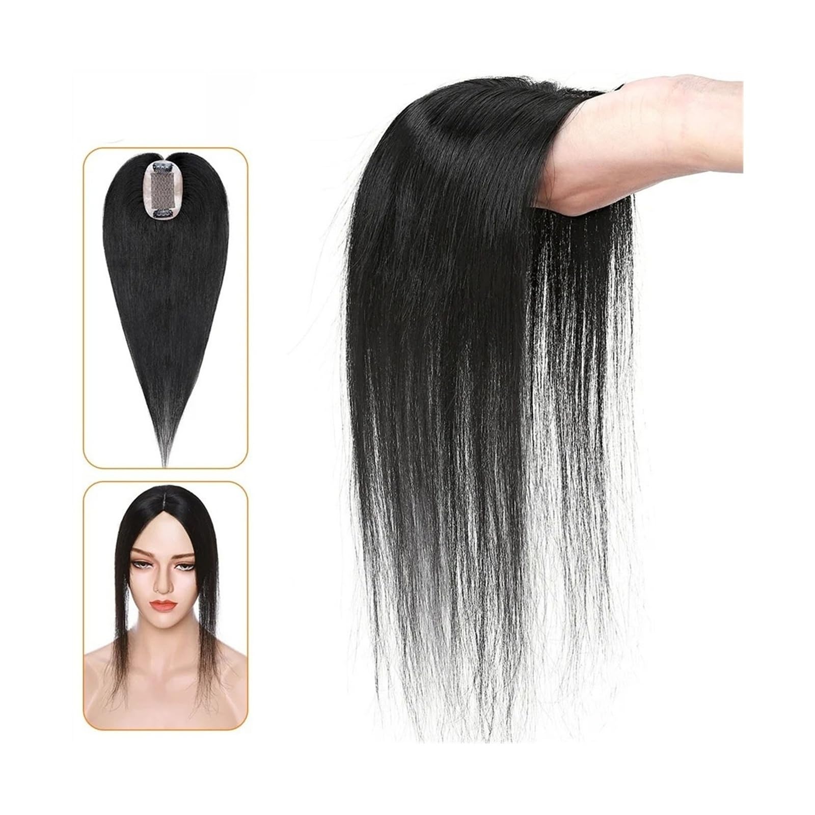 Haartopper für Frauen Echthaar-Topper for Frauen, 6 x 9 cm, handgebundene Haar-Topper mit Seidenbasis, 110% indisches Haar, glattes, natürliches Haarteil, Clip-in-Haarverlängerung Haarteil Topper Tou