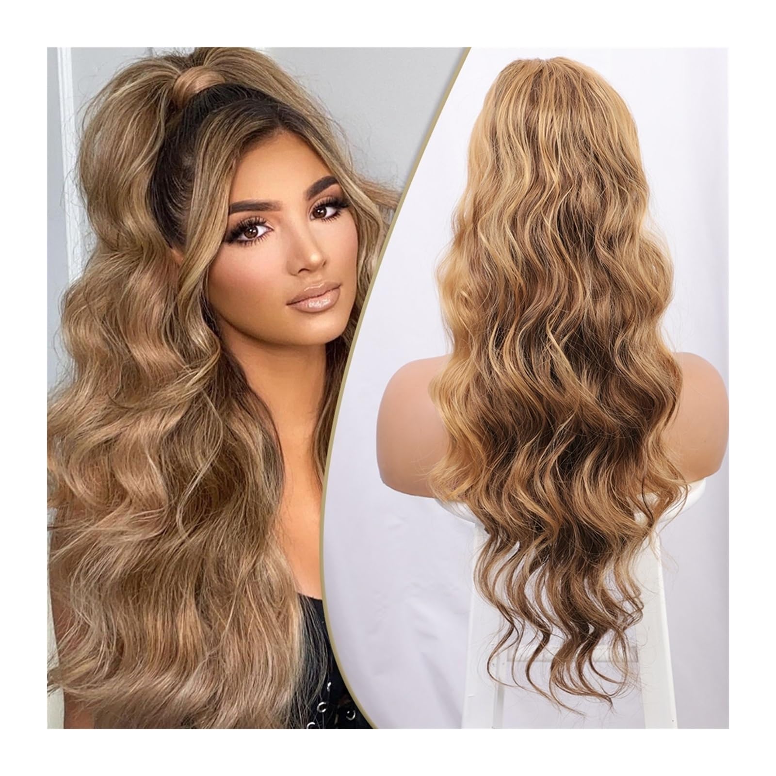 Pferdeschwanzverlängerung Synthetische Pferdeschwanz-Extensions for Frauen, lang, gewellt, flauschig, synthetischer Pferdeschwanz, Haarteil, natürlich, weich Pferdeschwanz-Haarteile(Borwn mix blonde)