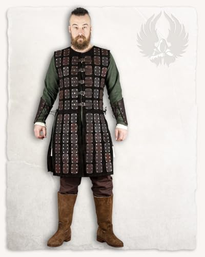 MYTHOLON Osric Schwarze Lederbrigantine, M-L, Lederrüstung mit seitlichen Schnürungen, Wildleder, Messingschnallen, Lederwappenrock, Mittelalter, LARP, Cosplay, Wikinger