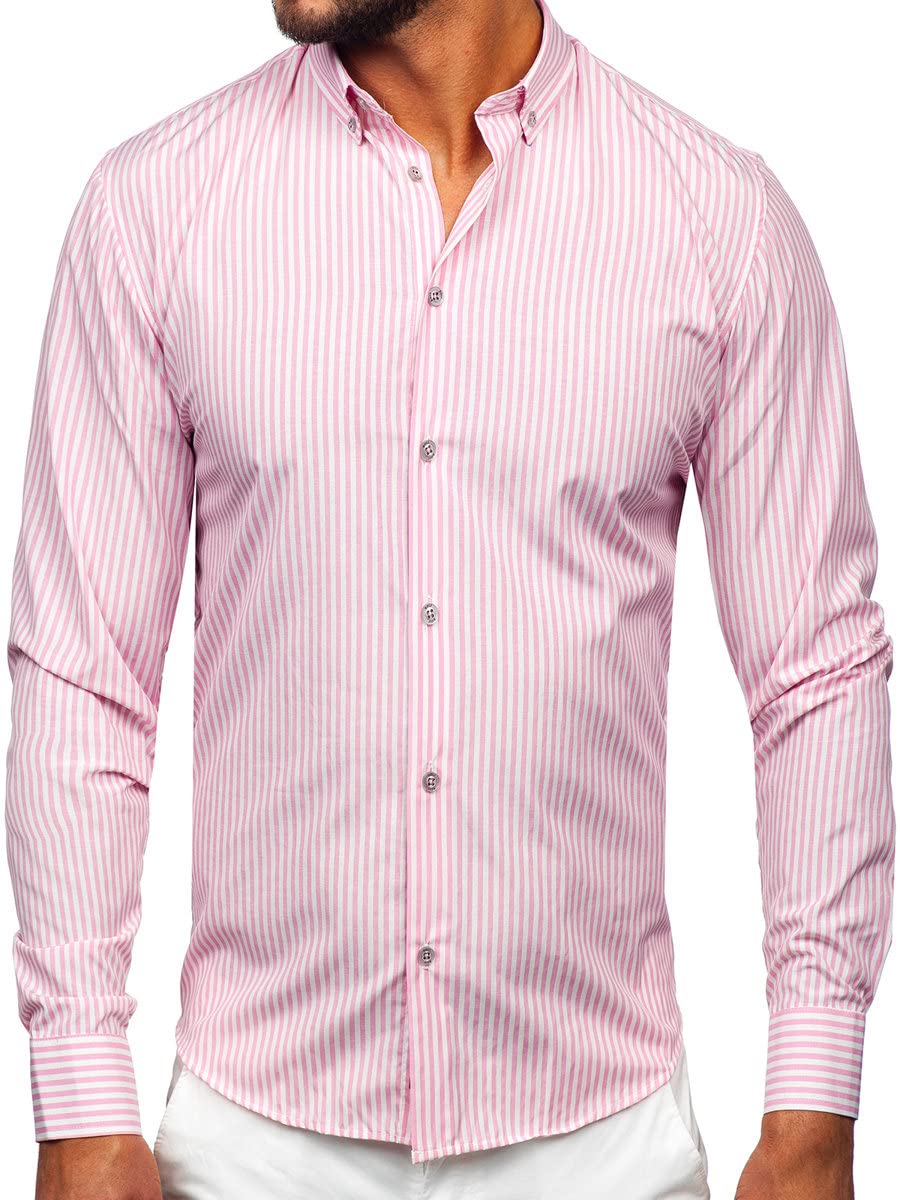 BOLF Herren Hemd Langarm Freizeithemd Langarmhemd Elegant Business Party Bügelleicht Farbwahl Classic Basic Slim Fit Casual Style 22731 Rosa L [2B2]