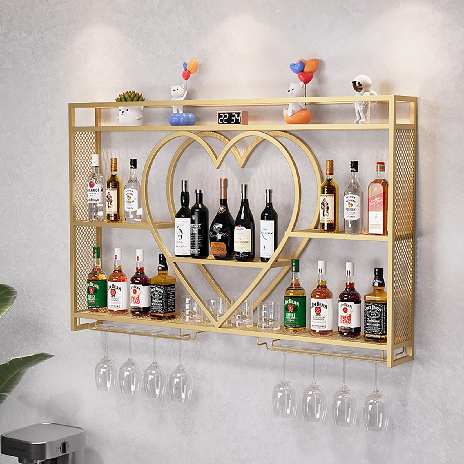 Weinregal aus Metall, Wandmontage, mit Weinglashalter, Wandstangenregal, Weinregal, Weinregal, Weinregal für Küche, Esszimmer, moderne schwebende Bar, Likörregal, Weinregale für Weinflaschen,