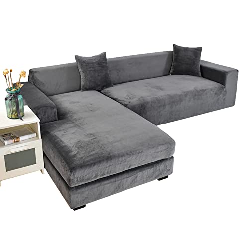 JHLD Stretch Sofabezug L Form Samt, Sofabezug L Form Samt 2 Stück weiche Sofa Abdeckung Sofa Überwürfe Mit elastischem Boden Für Hunde Katzen -dunkelgrau-2-Sitzer + 3-Sitzer