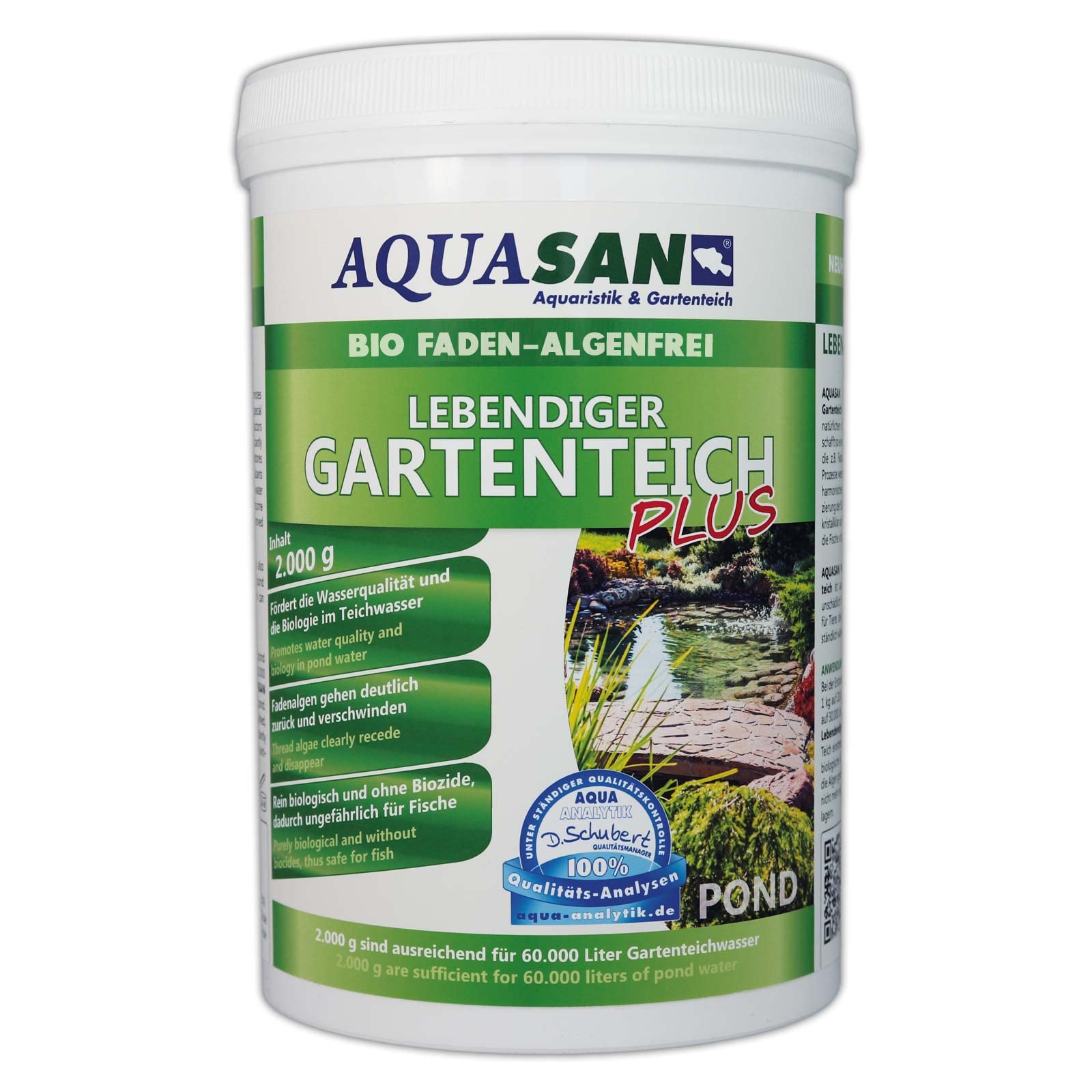 AQUASAN Bio Lebendiger Gartenteich Plus (Fördert die Wasserqualität, entfernt Fadenalgen, Schadstoffe, Schwimmteiche, Algenmittel), Inhalt:2 kg