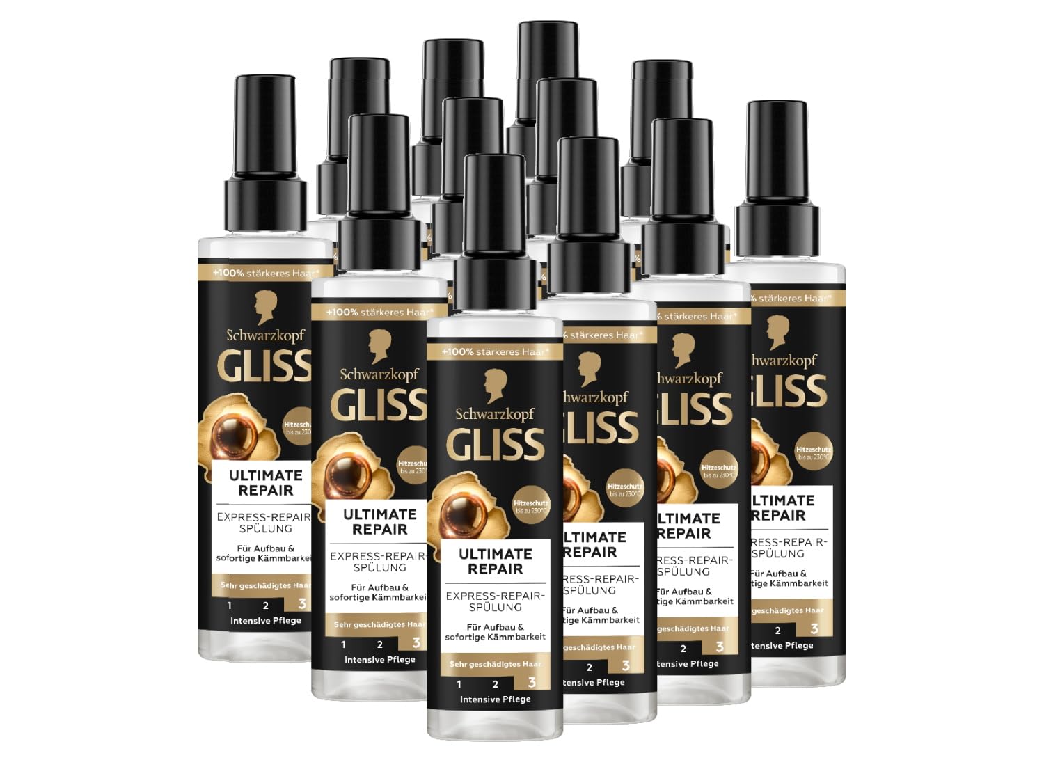 Gliss Express-Repair-Spülung Ultimate Repair (12x 200 ml), Haarspülung mit Keratin repariert extrem geschädigtes Haar, Pflegespülung mit Hitzeschutz bis zu 230 °C