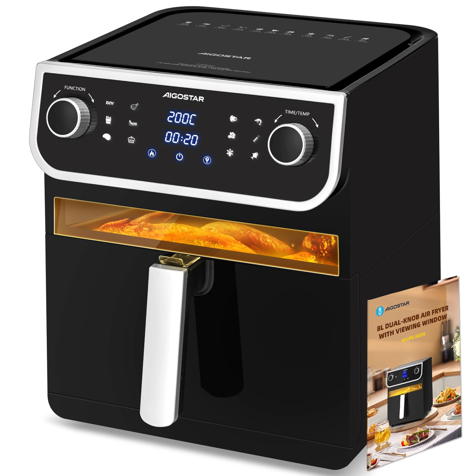 Aigostar Heißluftfritteuse 8L, Airfryer, 12-in-1 Kochvorgaben, 1700W, Antihaftbeschichtung, Sichtfenster, ohne Öl, Energiesparend, Spülmaschinenfest, 6-8 Portionen