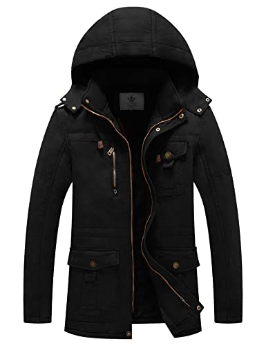 WenVen Herren Winter Outdoor Jacke Warme Fleece Futter Mantel Kapuze Winddichte Jacke Mittellange Lässige Outerwear Mäntel Schwarz M