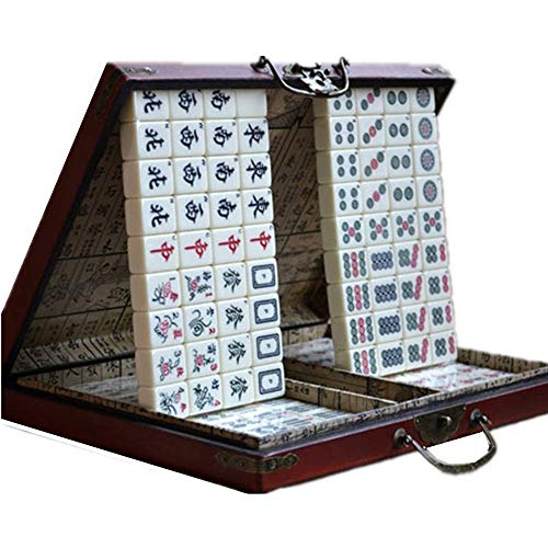 BFVAKBKYT Chinesisch Majong Set, Mahjong-Set, tragbares Mahjong-Spielset, Antik, mit Holzkoffer, Reise-Familien-Mahjong