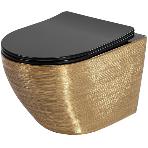 Rea WC-Schüssel Carlo Flachbürste Gold Keramik-Toilettenschüssel – Softclose Duroplast-Sitz – Absenkautomatik mit Soft-Closing (Gold/Schwarz)