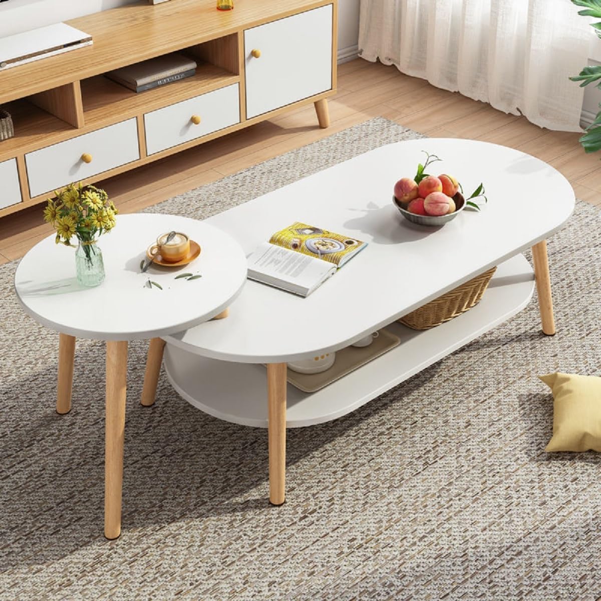 Gvqng Modernes, Ineinander Schiebbares Couchtisch-Set, 2 StüCk, Ineinander Schiebbare Beistelltische, Beistelltische Mit MDF-Tischplatte Und Holzbeinen, Akzenttisch,B