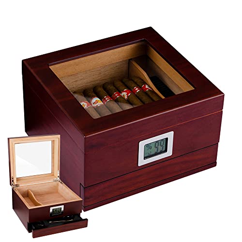 JMbpkduHs Zigarren-Humidor Aus Zedernholz Mit Glasplatte Und Präzisions-Digital-Hygrometer, Abnehmbarem Tablett, Zigarrenbox Für 30–50 Zigarren, Tolles Geschenk Für Alle Zigarrenliebhaber,A