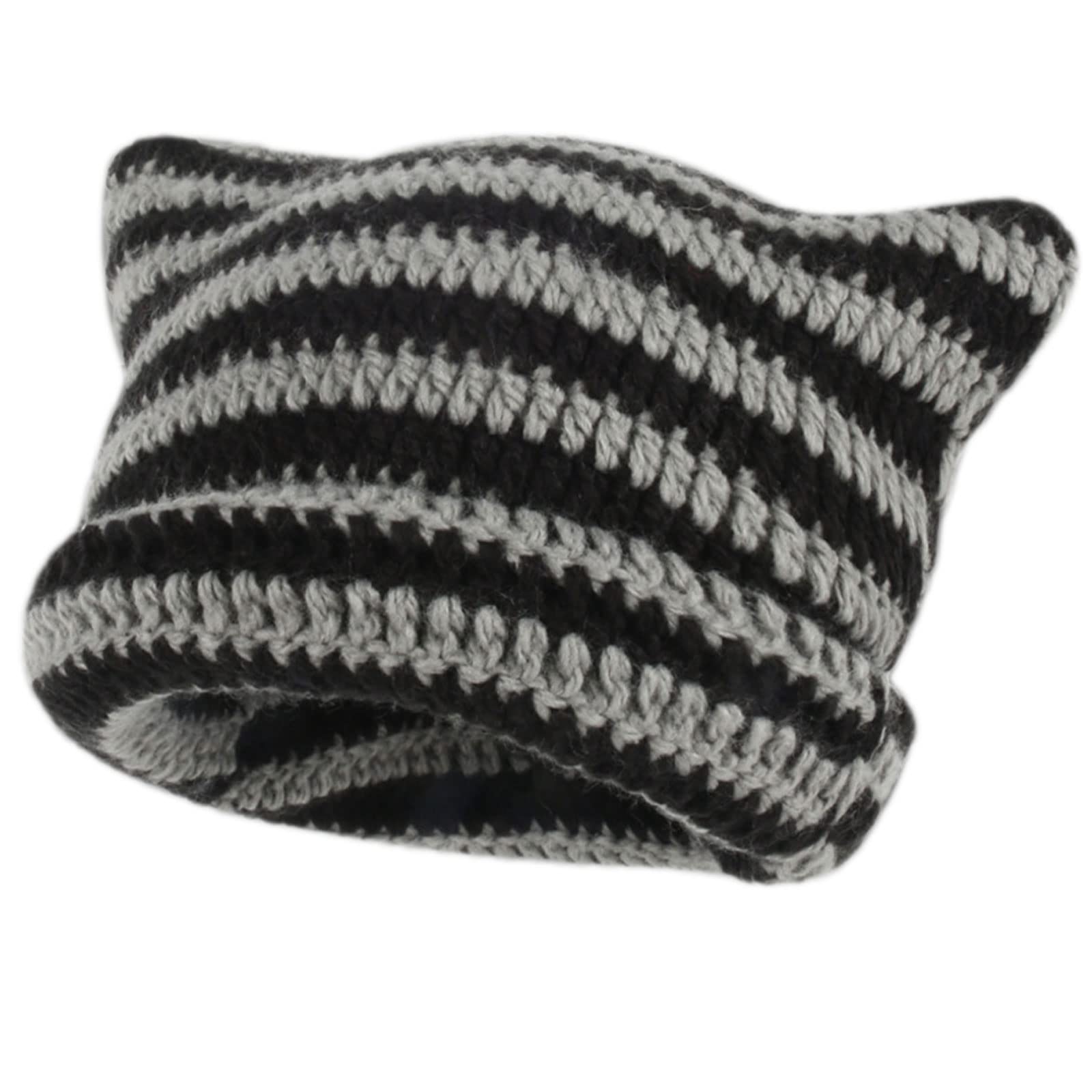 Damen Winter Katzenohren Hüte Weich Slouchy Gestreifte Strickmütze Trendy Warm Häkeln Geflochten Beanie Mütze für Frauen Mädchen Damen Winter (Schwarz-grau)