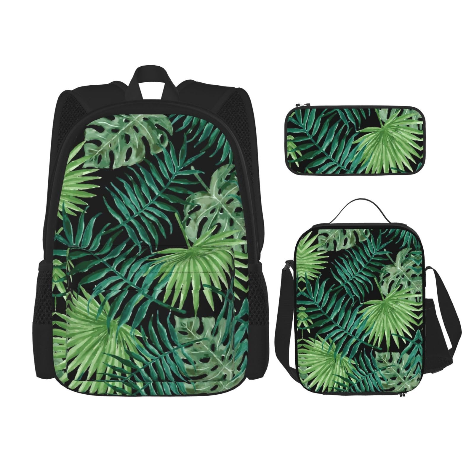 WURTON Transparentes Palmblatt-Muster Druck Lunchbox Federmäppchen Rucksack Set 3 Stück Verstellbare Träger Langlebig Leicht, Schwarz, One Size