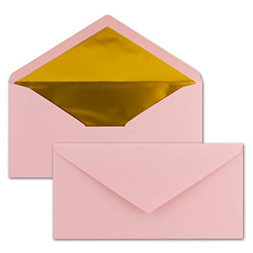 100 Brief-Umschläge DIN Lang - Rosa mit Gold-Metallic Innen-Futter - 110 x 220 mm - Nassklebung - Festliche Kuverts für Taufe & Geburt