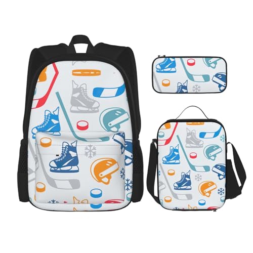 WURTON Hockey-Elemente, kreativer gemusterter Druck, 3-in-1 Büchertaschen-Set, verstellbarer Schulter-Rucksack, Lunch-Tasche, Federmäppchen, Tasche, Schwarz, Einheitsgröße