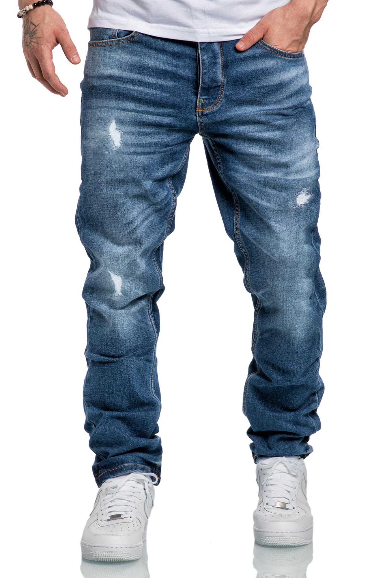 Amaci&Sons Herren Jeans Regular Straight Fit Denim Hose Destroyed A7998 Hellblau W29/L30