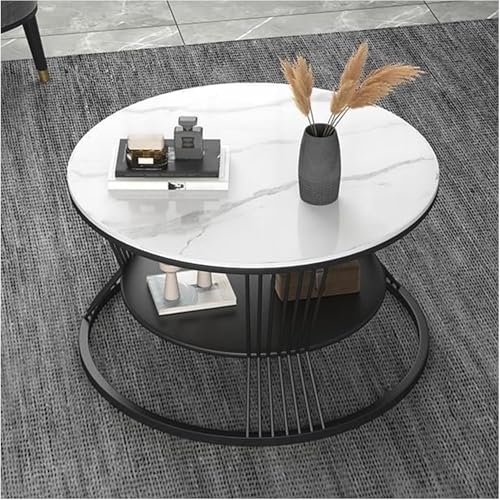 Runde Couchtische für kleine Räume, moderner dekorativer Beistelltisch, Sofatisch mit stabilem Metallrahmen, weißer Couchtisch für Wohnzimmer, Gästezimmer, Büro, Schwarze Beine, 45 x 45 x 45