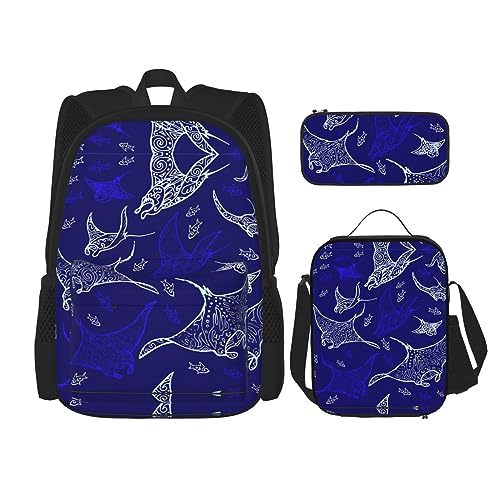 WURTON Manta Ray und Fisch Druck 3-in-1 Büchertaschen-Set, verstellbarer Schulter-Rucksack, Lunch-Tasche, Federmäppchen, Beutelbox, Schwarz, Einheitsgröße