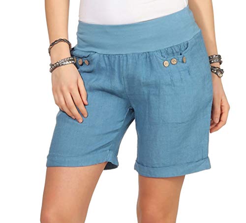 Mississhop 293 Damen Leinenshorts Bermuda lockere Kurze Hose Freizeithose 100% Leinen Shorts mit DREI Knöpfen Sommer Strand Jeansblau XL