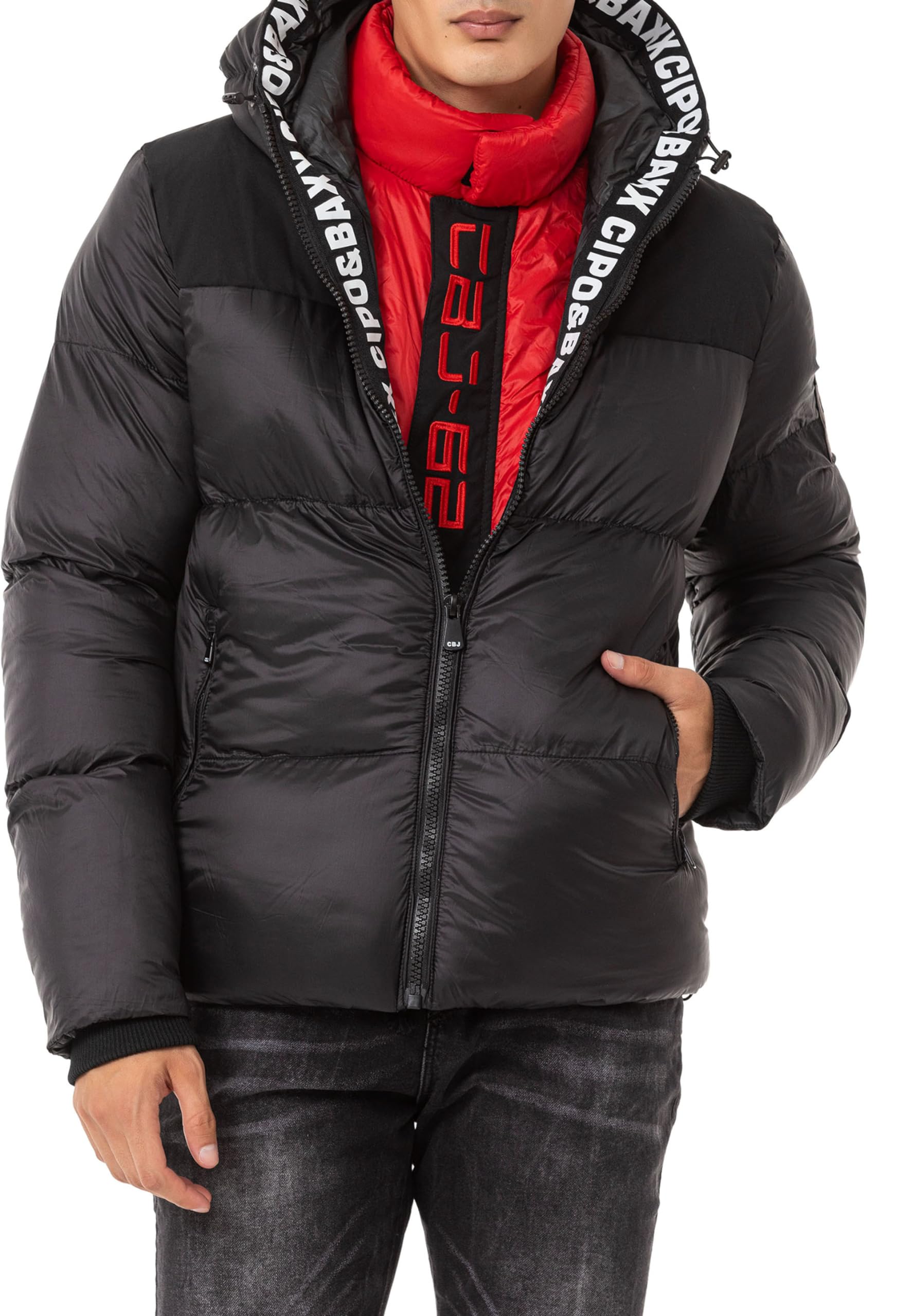 Cipo & Baxx Herren Jacke Steppjacke Winter Markenprint Kapuze Reißverschluss CM216 Schwarz XL