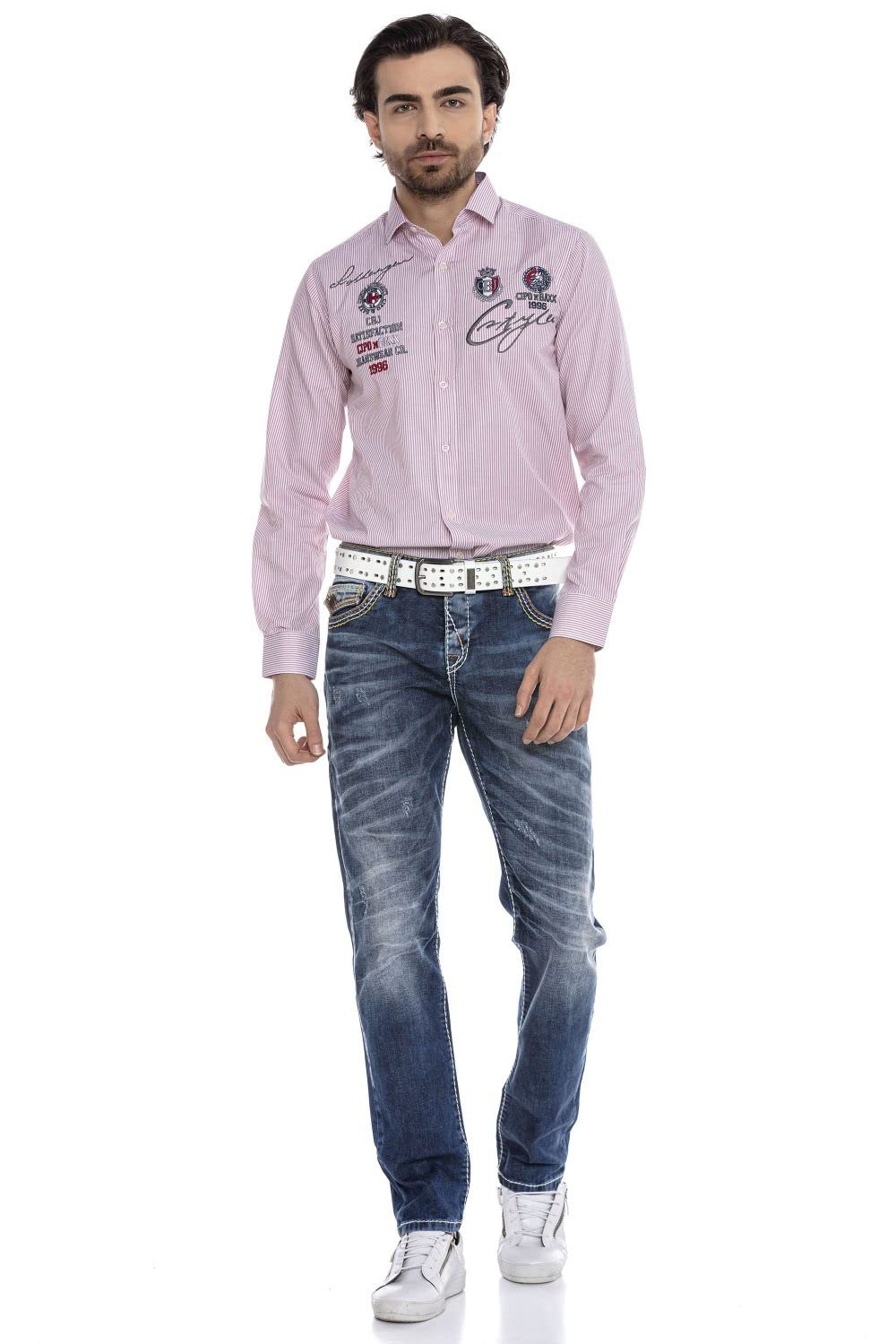 Cipo & Baxx Herren Hemd Langarm Freizeithemd Regular Fit Bestickt Pink Kent Kragen CH180 Pink L