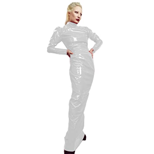 Wetlook PVC Kleid Latex Kunstleder Enge Kleid Rollkragen Langarm Slim Bodycon Kleid, Silber, XXXL