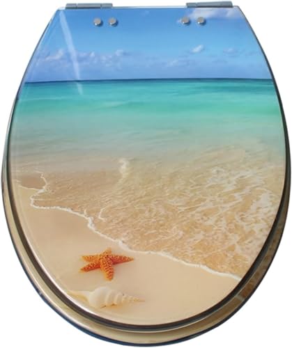 Toilettensitz, Toilettenzubehör, Resin Oval Toilet Seat Slow Close Beach Scenery, Quick Release Hinge, Toilet Seat Replacement for Decorate