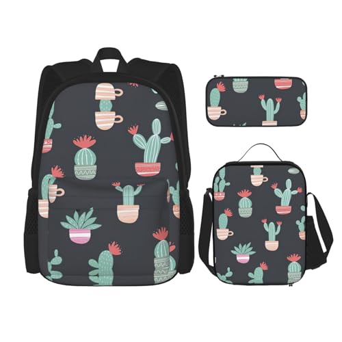 WURTON Rucksack mit Kaktusmuster, 3-in-1, Büchertaschen-Set, Lunchbox, Federmäppchen, Reisen, Laptop, Tagesrucksäcke