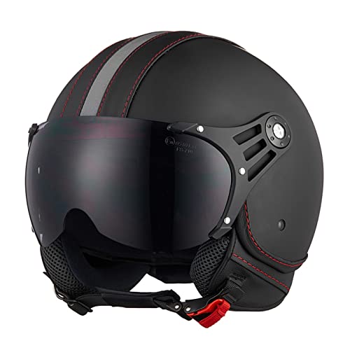 BGMKE Motorrad Halbschalenhelm Vintage Offener Helm Für Erwachsene Motorrad 3/4 Scooter Jethelm Mit Visier,Leder Halboffener Helm Für Für Herren Damen Retro Brain-Cap Helm ECE Zertifizierung