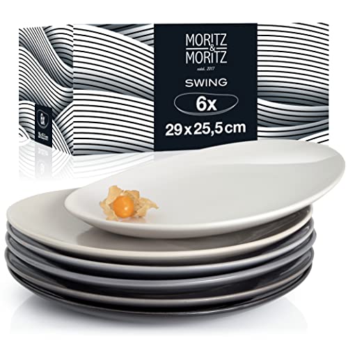 Moritz & Moritz 6tlg Swing Dinner Teller Set 6 Personen 29 x 25,5 cm – Keramik Geschirrset als Speiseteller Menüteller oder Essteller grau – Made in Portugal