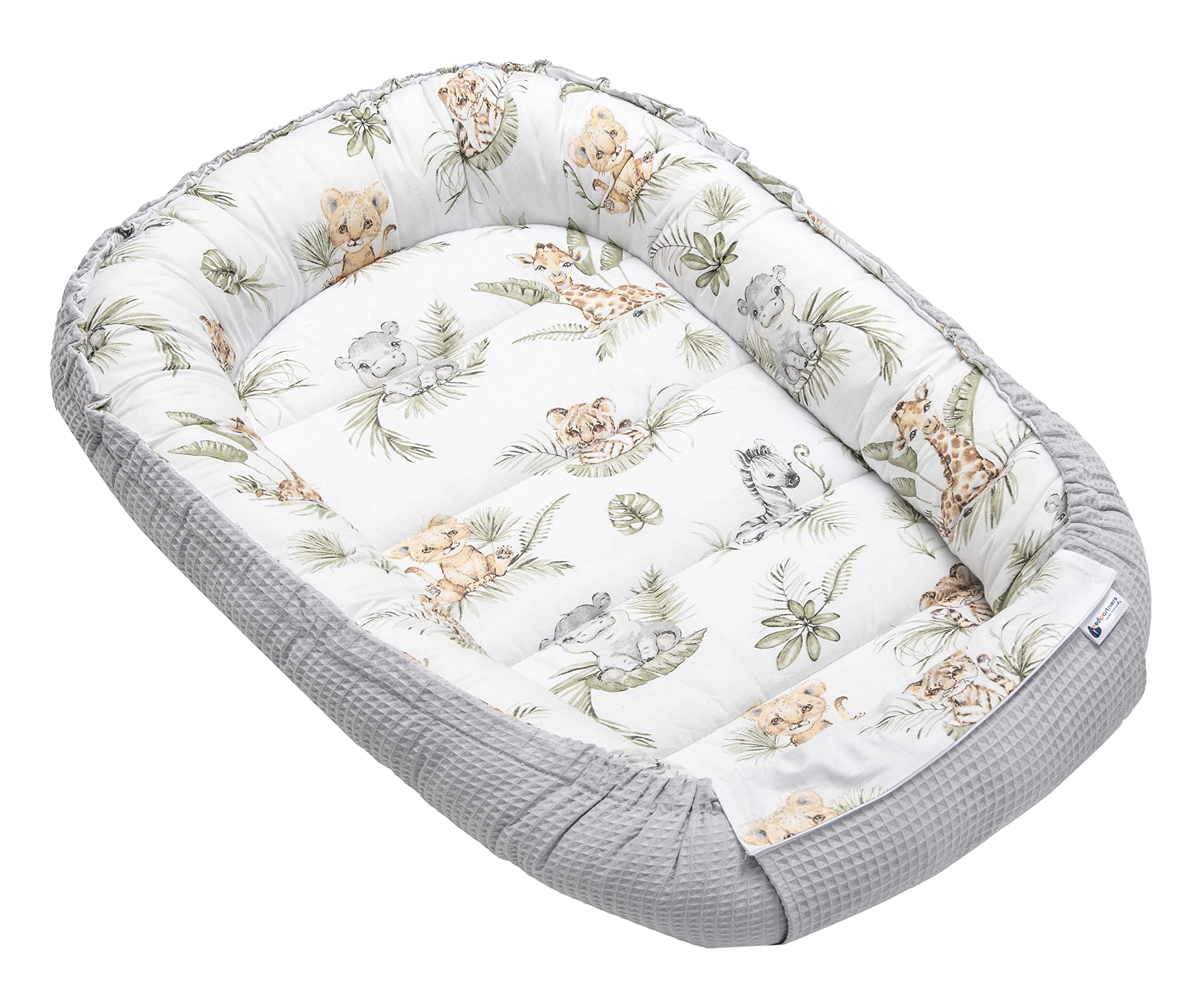 Medi Partners Babynest Kuschelnest Babynestchen 100% Baumwolle Waffle Nestchen Reisebett für Babys Säuglinge 100x60x15cm Sicherer Verschluss (‎Safari mit Grauer Waffel)