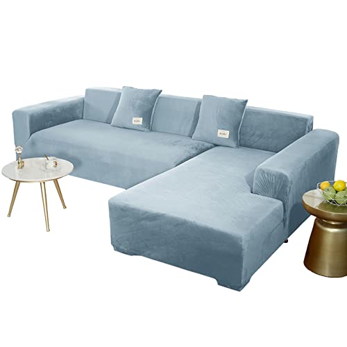 JHLD Sofabezug L Form, Stretch Sofabezug Samt L-förmiger Sofabezug Weiche Anti-rutsch Sofa Überwürfe Für Ecksofa-Hellblau-2 Sitzer+4 Sitzer