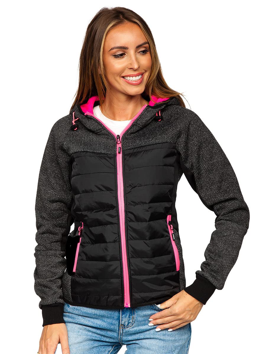 BOLF Damen Übergangsjacke Steppjacke Reißverschluss Outdoorjacke Schuljacke Classic Hoodie Freizeitjacke Herbst Style J.STYLE KSW4002 Schwarz L [D4D]