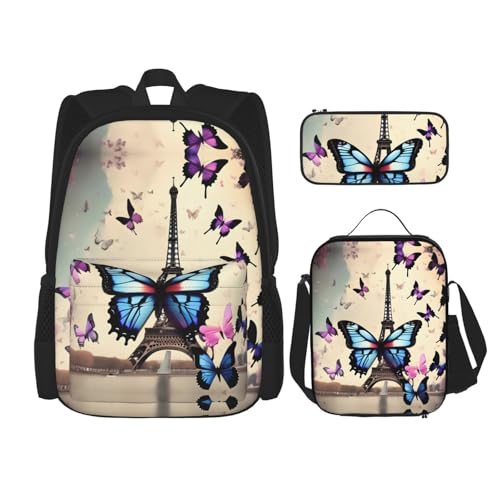 WURTON Romantische Paris Eiffeldruck Lunchbox Federmäppchen Rucksack Set 3 Stück Verstellbare Träger Langlebig Leicht, Schwarz, One Size