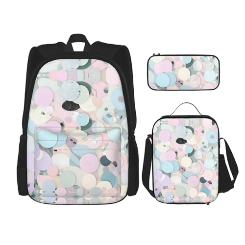 WURTON Terrazzo Marmor Pastell Druck Lunchbox Federmäppchen Rucksack Set 3 Stück Verstellbare Träger Langlebig Leicht, Schwarz, One Size