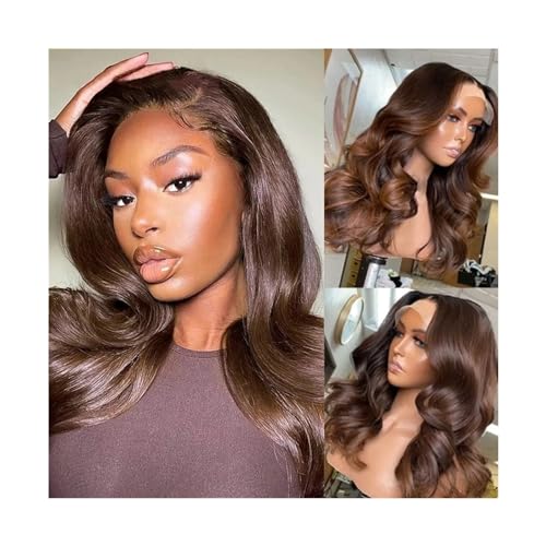 Perücke für Frauen Dunkelbraune, gewellte 13x4-Lace-Front-Perücken aus Echthaar, vorgezupft mit Babyhaar, schokoladenbraune Farbe, 150% brasilianisches Remy-Haar, Lace-Frontal-Perücke Human Hair Wig(