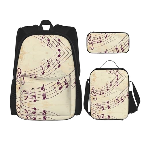 WURTON Schulrucksack mit Musiknoten, Blumenmuster, 3-in-1, Büchertasche, Set mit Lunchbox, Federmäppchen, Reise, Laptop, Tagesrucksack