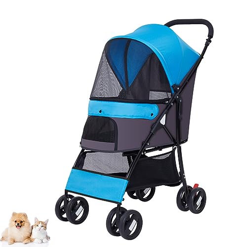 KKXXYQFC Zusammenklappbarer Haustier-Kinderwagen, 4 Räder, Hunde-Kinderwagen für kleine/mittelgroße Hunde und Katzen mit Netzfenstern und Aufbewahrungskorb, Kinderwagen, blau