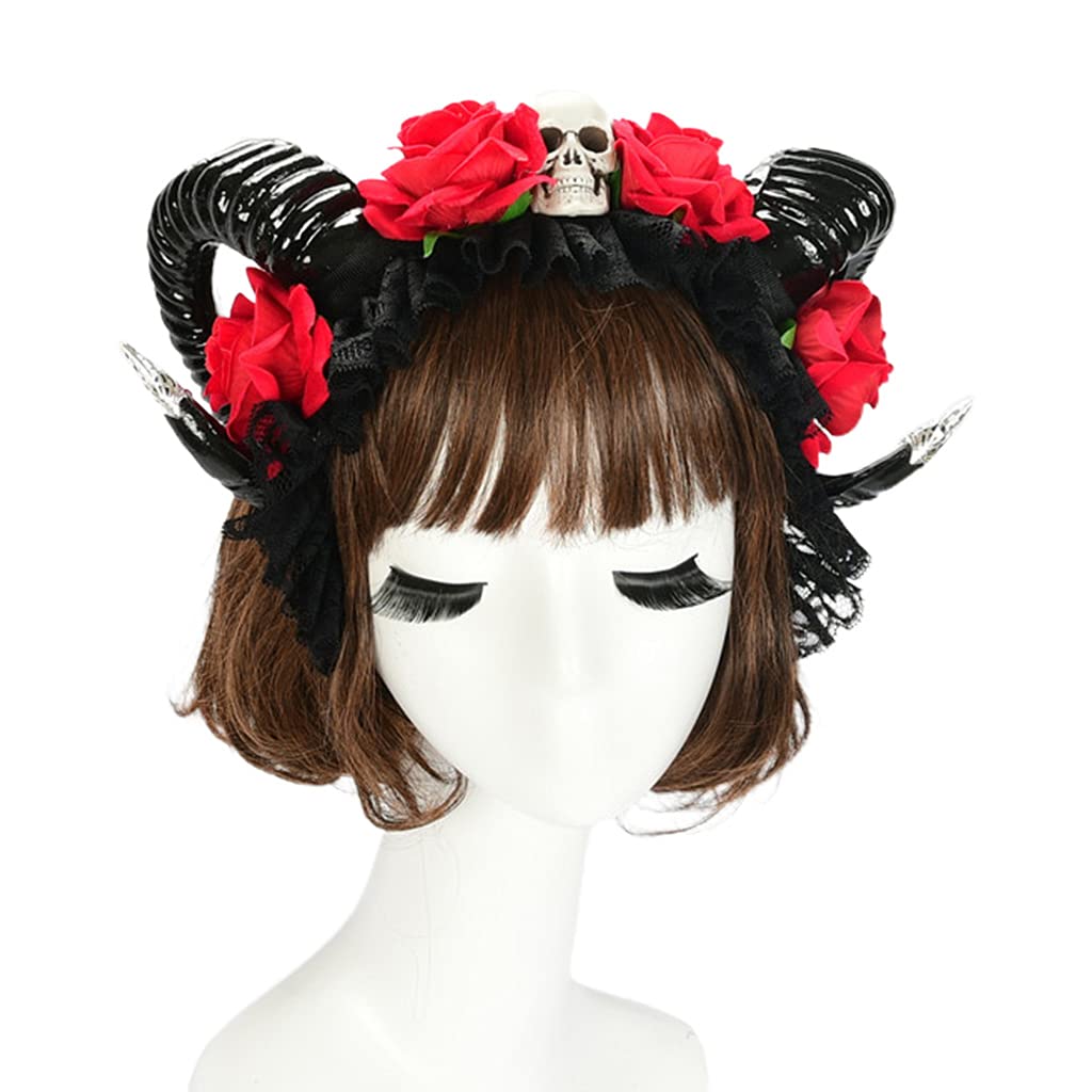 WELLDOER Halloween Haar Hoop Stirnband Schädel Kopfschmuck Rose Horn Stirnbänder Cosplay Haar Zubehör