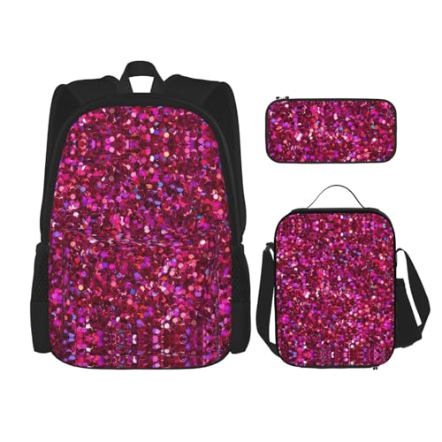 WURTON 3-in-1 Büchertaschen-Set, mit Glitzermuster, verstellbarer Schulter-Rucksack, Lunch-Tasche, Federmäppchen, Beutel, Schwarz, Einheitsgröße