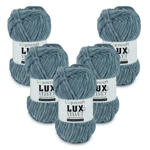 Chenille Wolle 5er-Set, Metallisches Blau, Loopncraft, 5 X 100g, Lux Velvet, Super Weiches Samtgarn