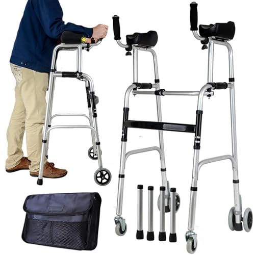 Aufrechter Gehhilfe, Rollgehhilfe mit Aufrechter Haltung und Armlehnen-Stützpolster, Rollator-Gehhilfen für Senioren mit Sitz, 7 Höhenverstellbar, Ein-Klick-Klappfunktion