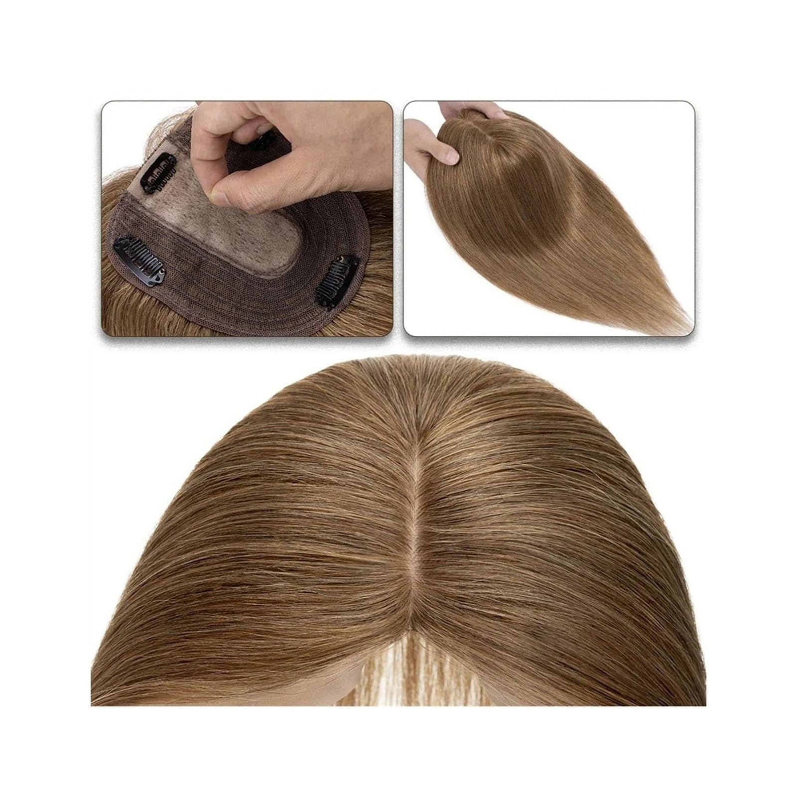 Haartopper für Frauen Haaraufsätze for Frauen, 15,2–45,7 cm, Mittelteil, Echthaaraufsatz, Haarteil, 10 x 12 cm, Seidenbasis mit 4 Clips, glatter Haaraufsatz for dünner werdendes Haar, Haarausfall Haar