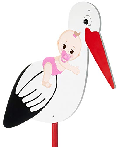 BRUBAKER Großer Storch aus Holz mit Baby Rosa - Klapperstorch zum Stecken für Innen und Außen - Geburt Babystorch für Mädchen - Geburtsgeschenk 100 cm groß, beidseitig bedruckt