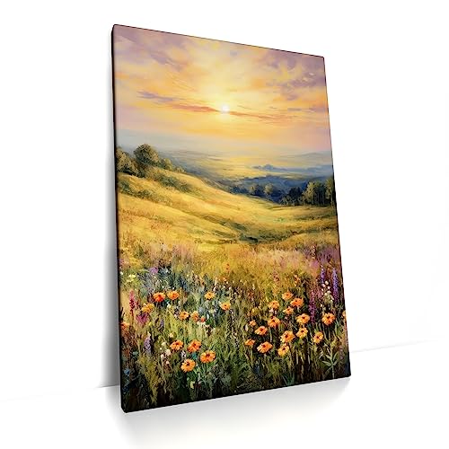 CanvasArts Frühling/Sommer Blumenwiese A - Leinwand Bild - Blumen Landschaft Sonnenaufgang (120 x 80 cm, Leinwand auf Keilrahmen, Blumenwiese A)